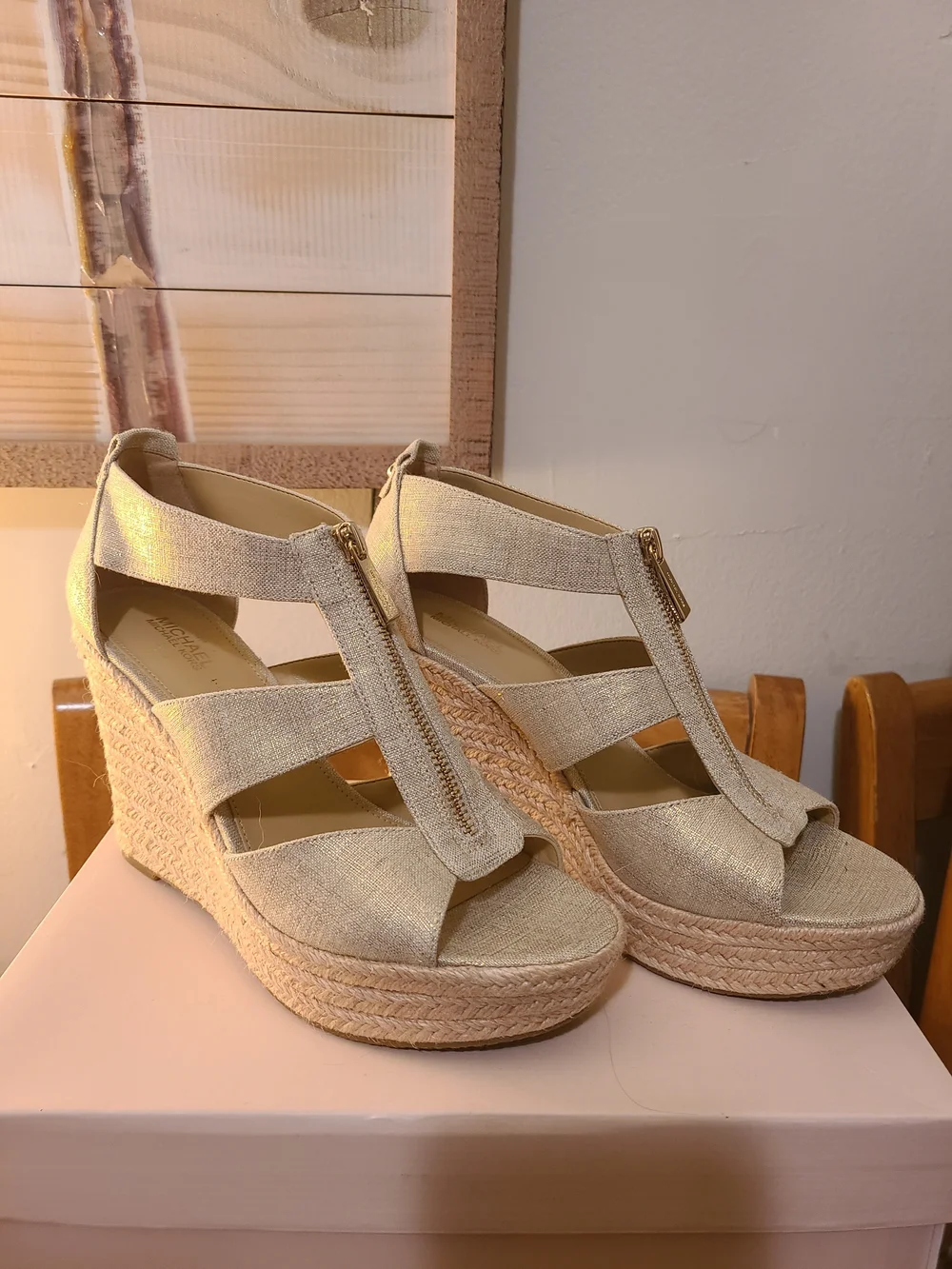Michael Kors Metallic Gold Wedge Espadrilles with Front Zip